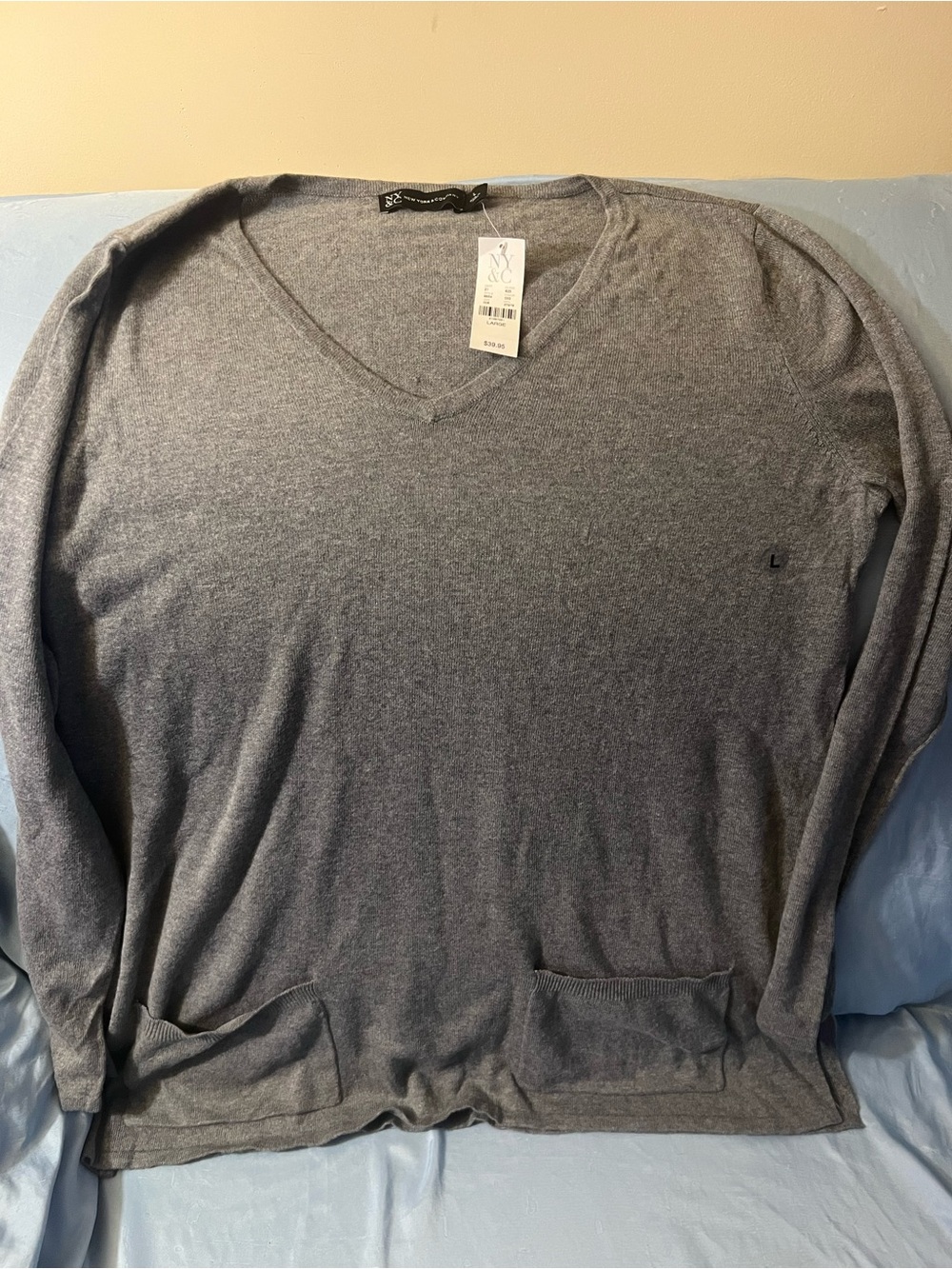 New York & Company Women’s Gray V-Neck Sweater with Front Patch Pockets
